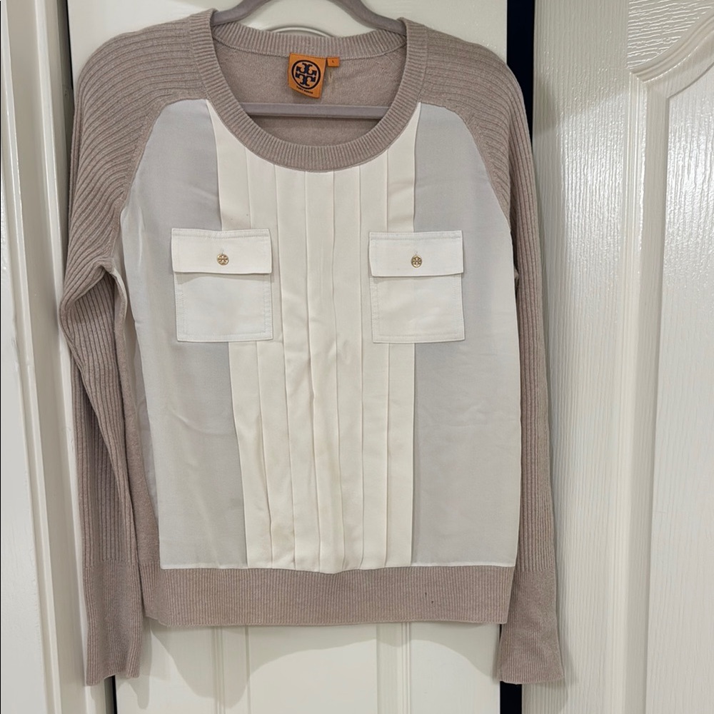Tory Burch Tan and White Crew Neck Cashmere Sweater